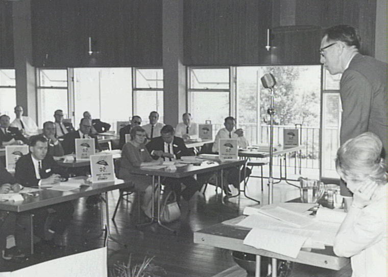 President Stan Arneil addresses the 1963 NSW Credit Union League AGM at the Hurstville Civic Centre.