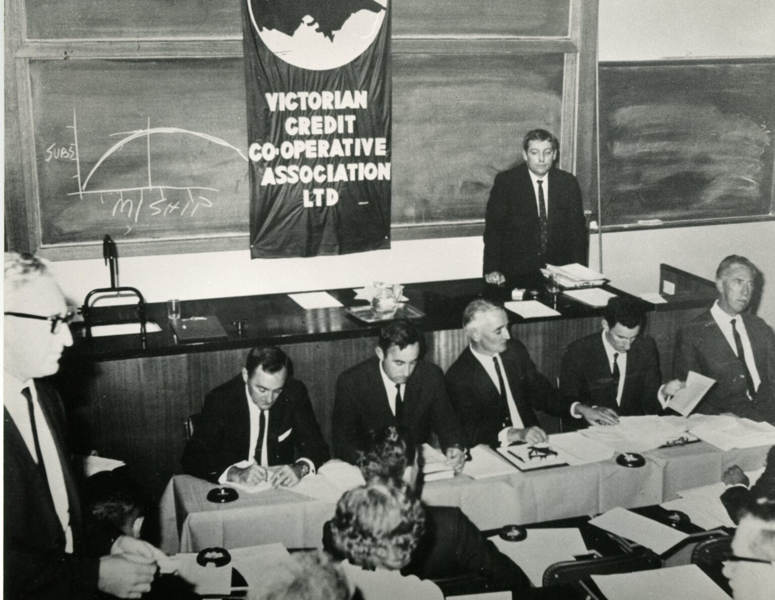 VCCA AGM 1970, seated left to right: Don Harris, John Galvin, Graham Benson, Leo Magree, Stan Arneil